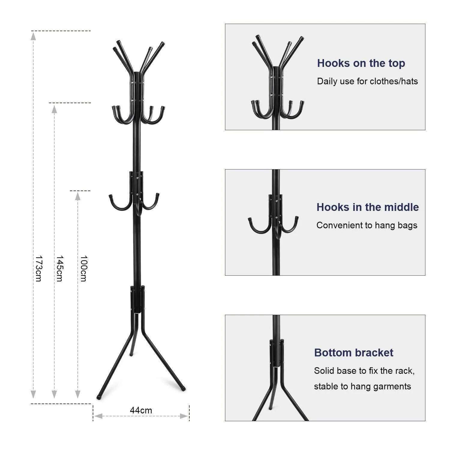 TOPVORK Standing Coat Rack, Hanger Holder Hooks for Dress, Jacket, Hat and Umbrella, Tree Stand with Base Metal, Black