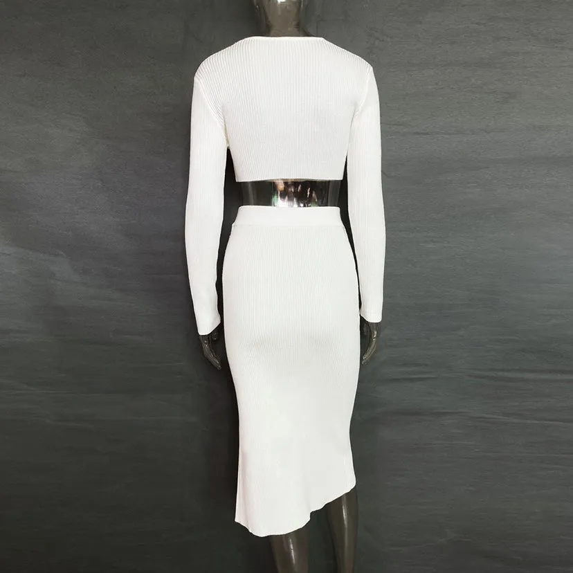 V-neck Sweaters&Split Skirt Knitted 2Pcs