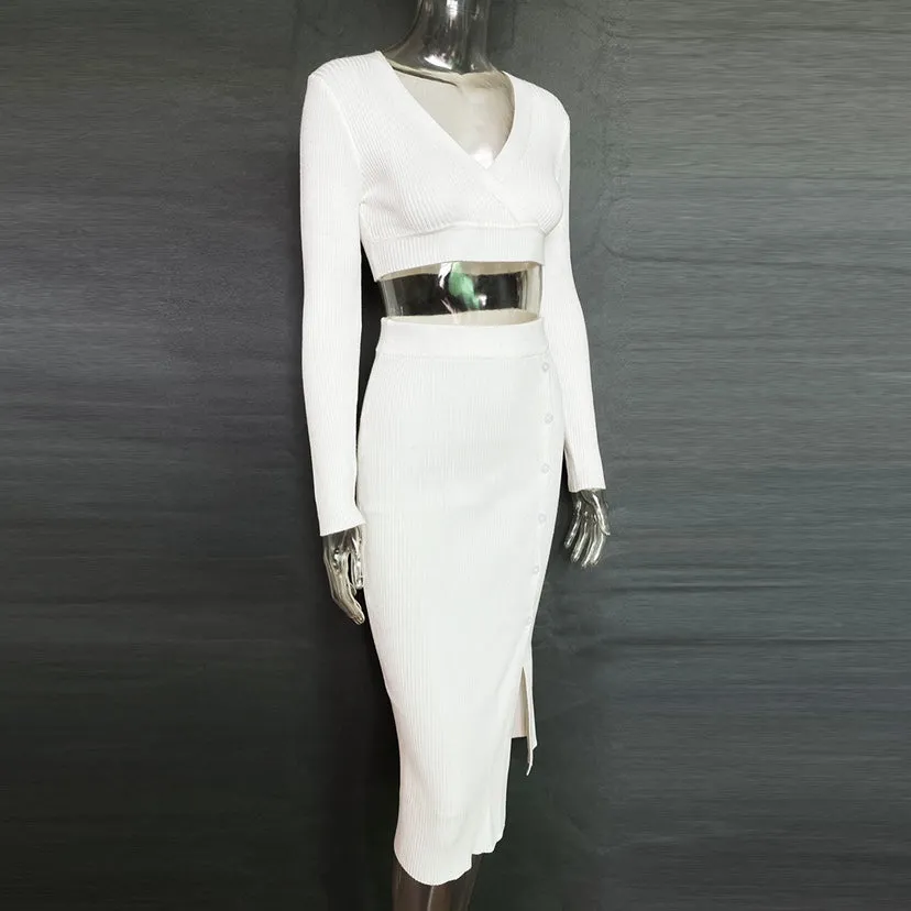 V-neck Sweaters&Split Skirt Knitted 2Pcs