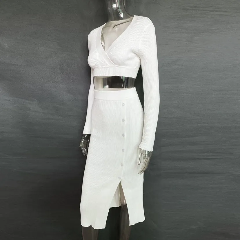 V-neck Sweaters&Split Skirt Knitted 2Pcs