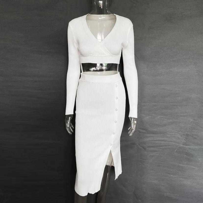V-neck Sweaters&Split Skirt Knitted 2Pcs