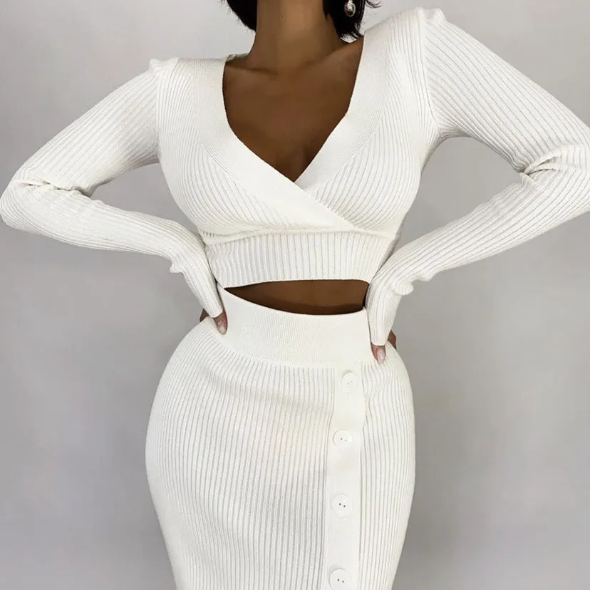 V-neck Sweaters&Split Skirt Knitted 2Pcs
