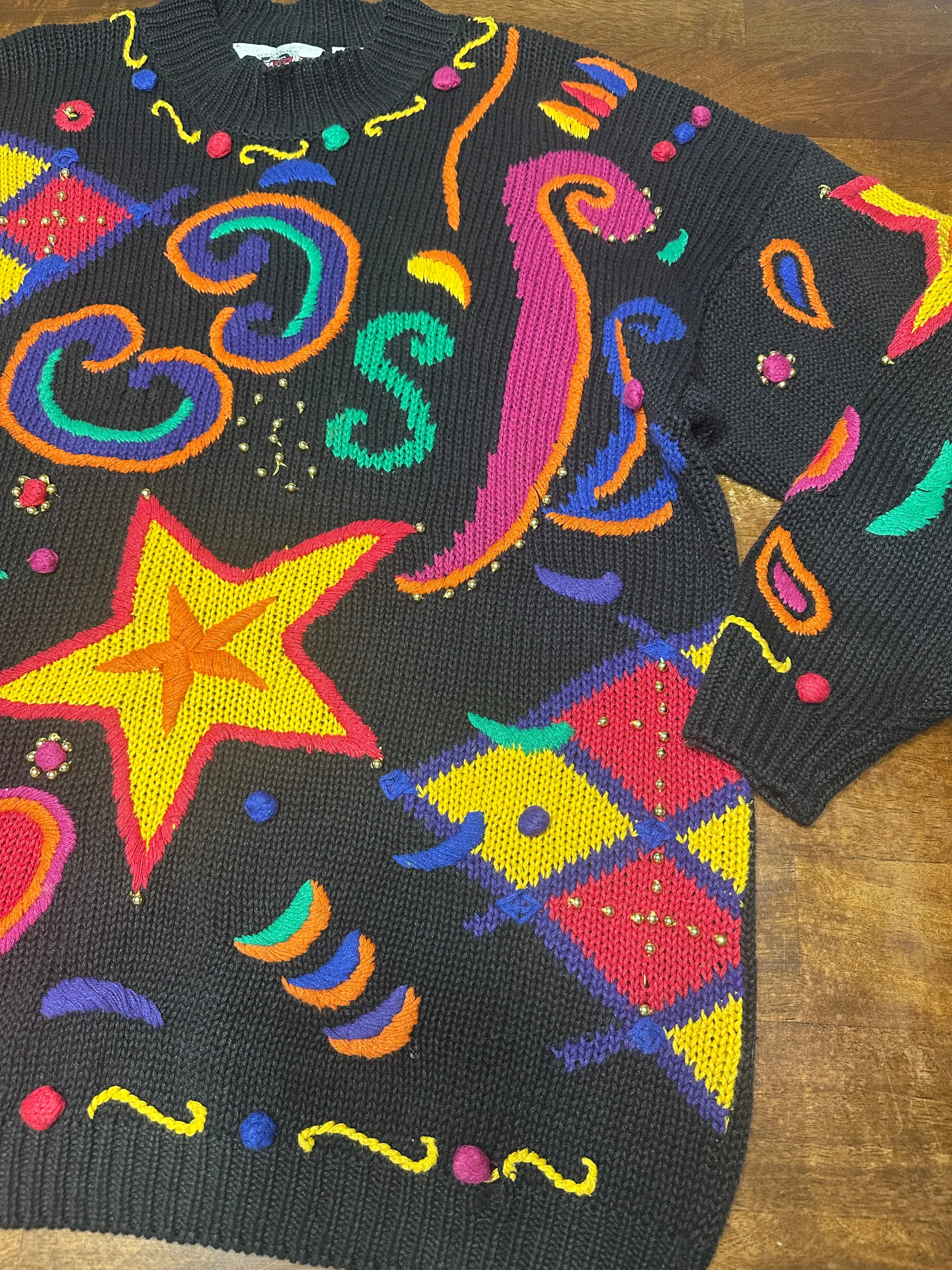 Vintage 80s Rainbow Stars & Hearts 3D Knit Statement Sweater (L, XL )
