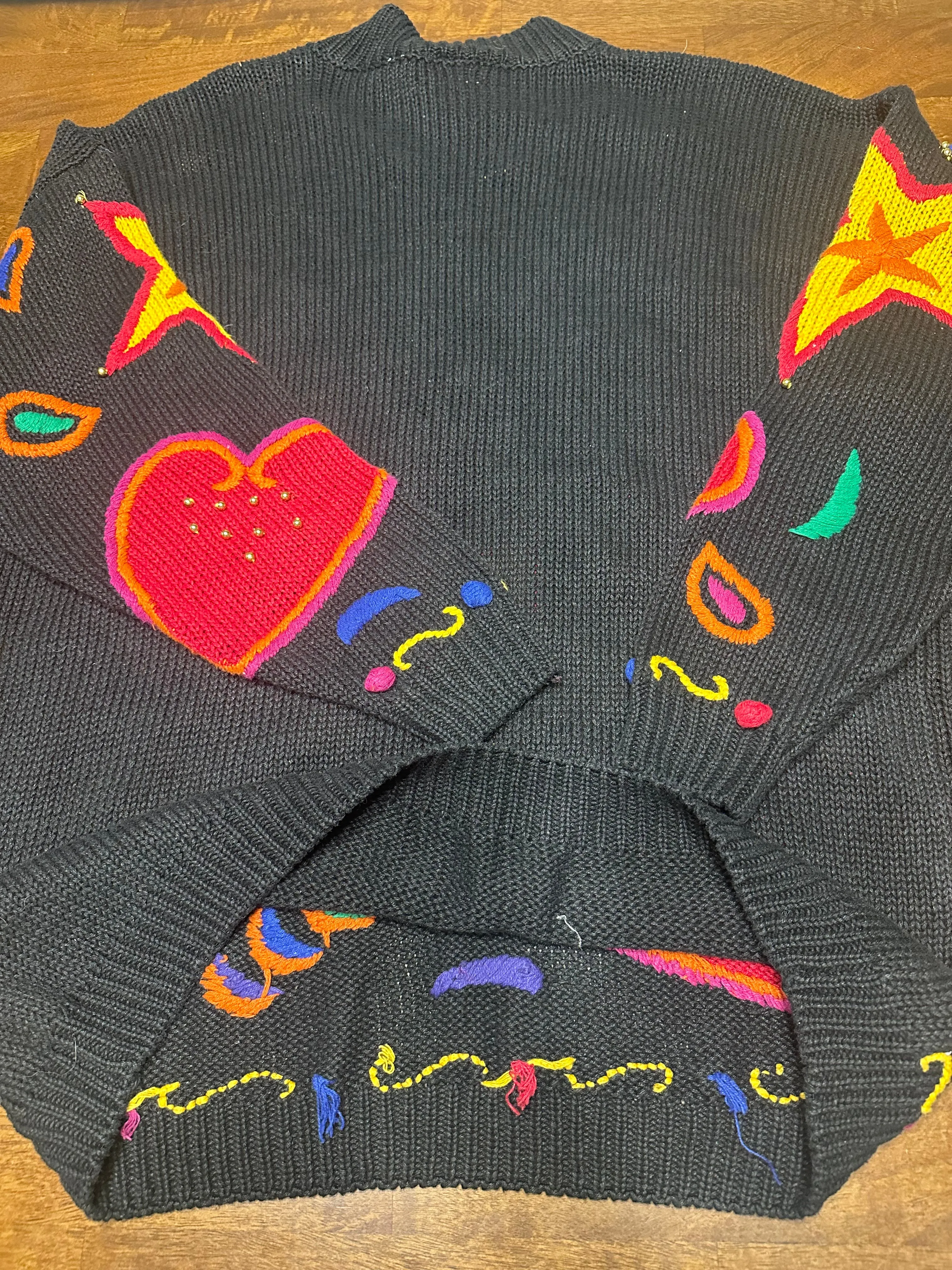 Vintage 80s Rainbow Stars & Hearts 3D Knit Statement Sweater (L, XL )