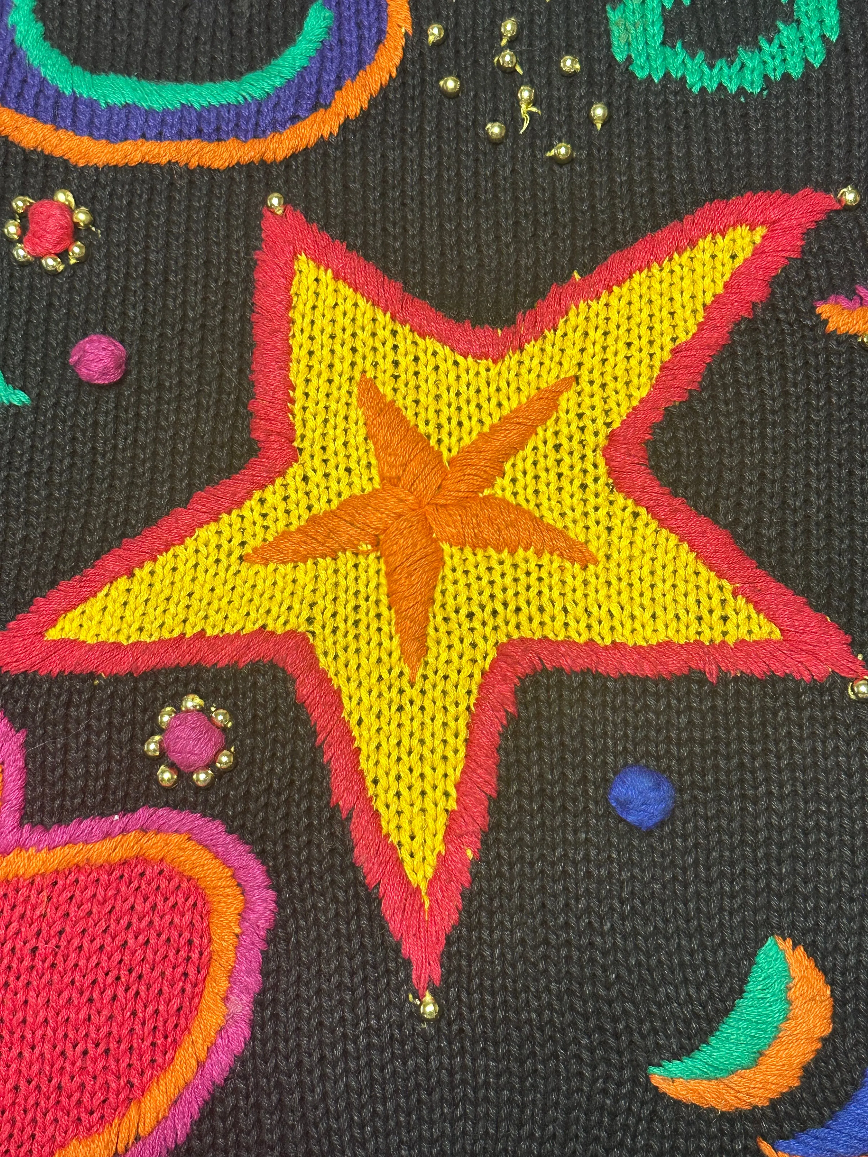 Vintage 80s Rainbow Stars & Hearts 3D Knit Statement Sweater (L, XL )