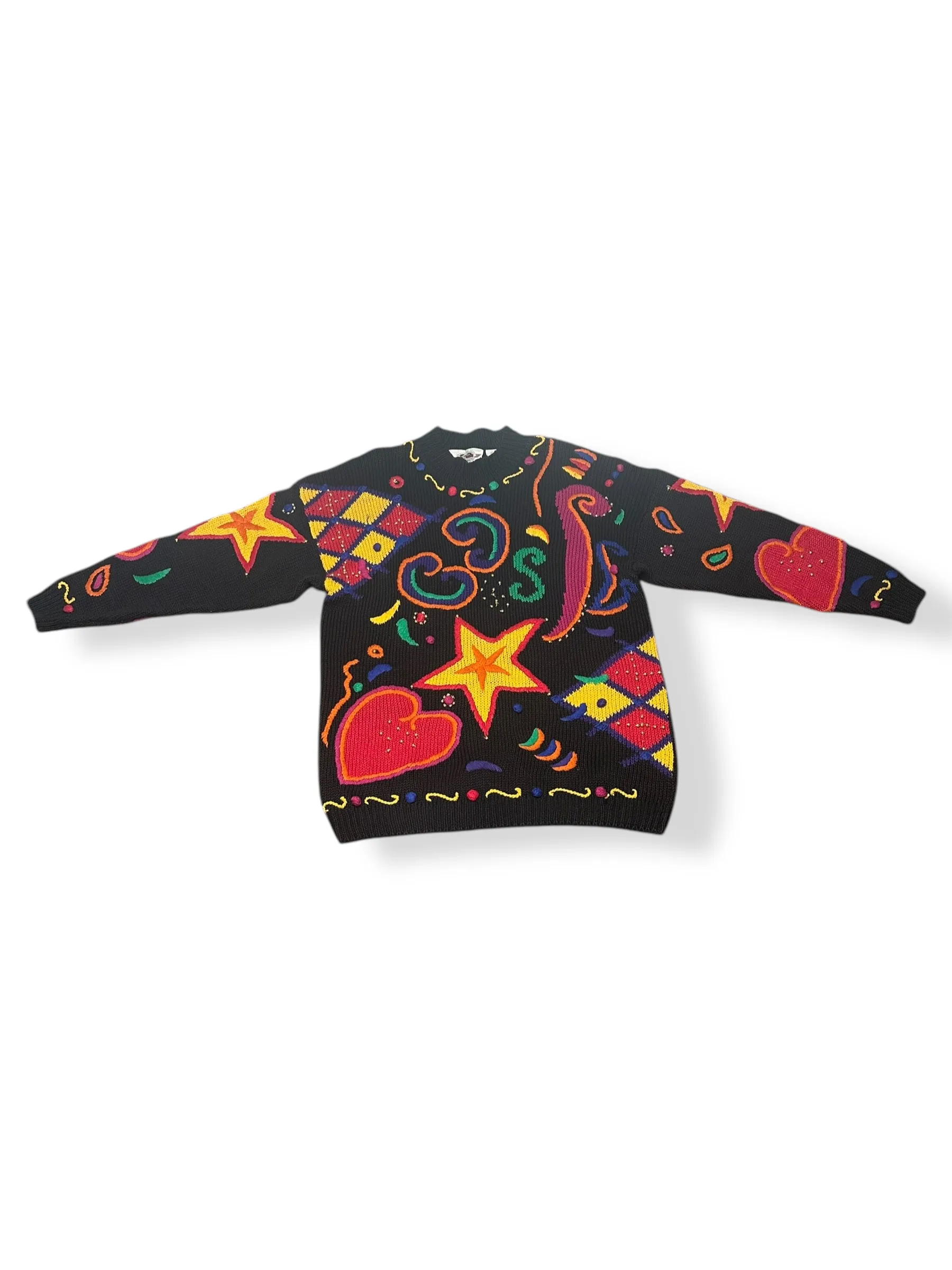 Vintage 80s Rainbow Stars & Hearts 3D Knit Statement Sweater (L, XL )