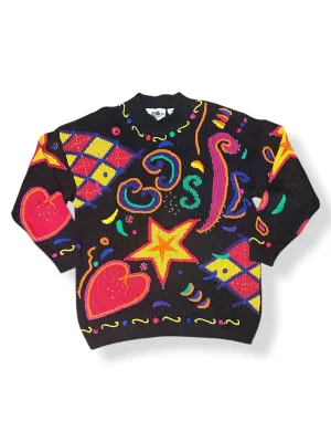 Vintage 80s Rainbow Stars & Hearts 3D Knit Statement Sweater (L, XL )