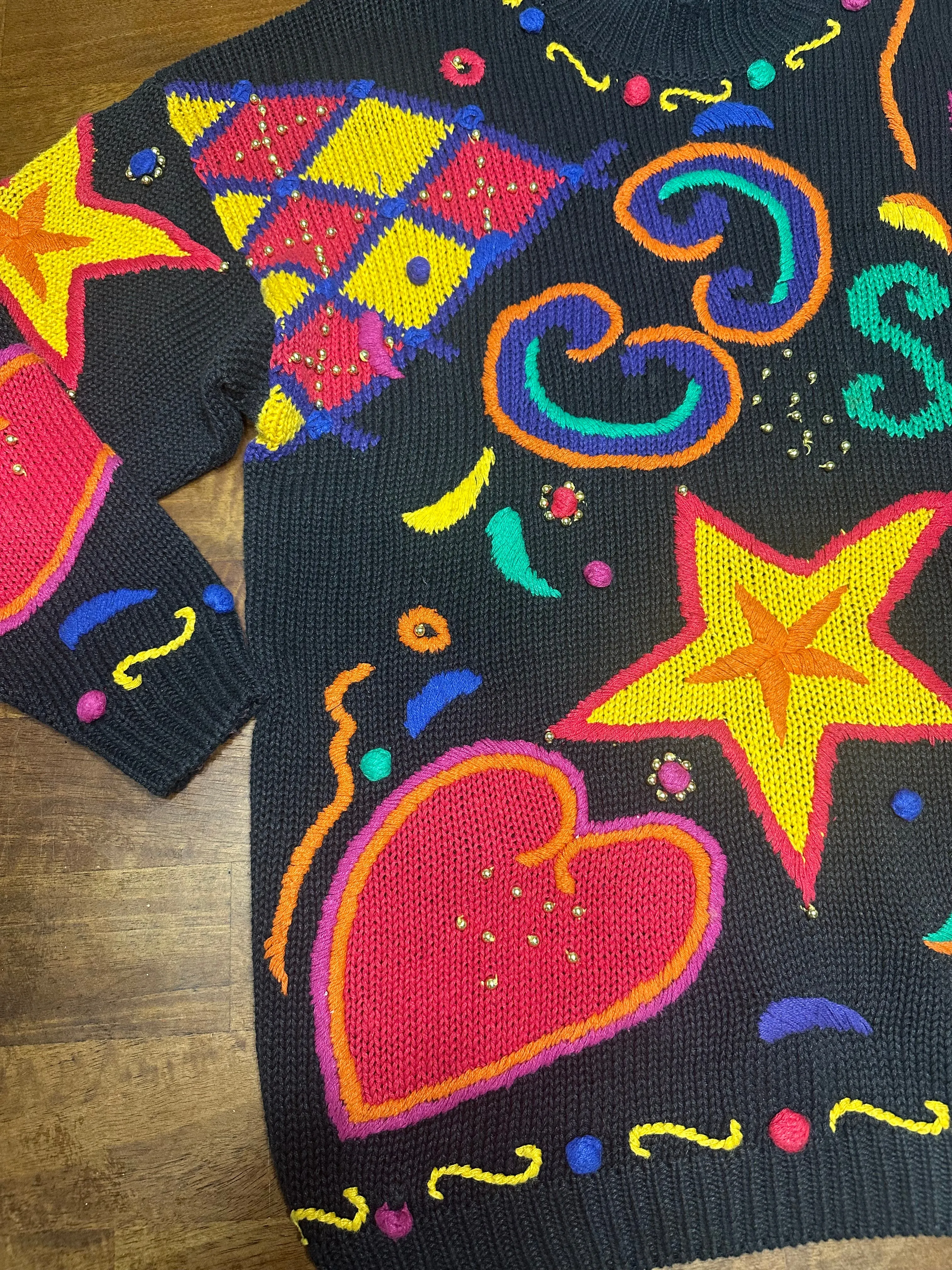 Vintage 80s Rainbow Stars & Hearts 3D Knit Statement Sweater (L, XL )