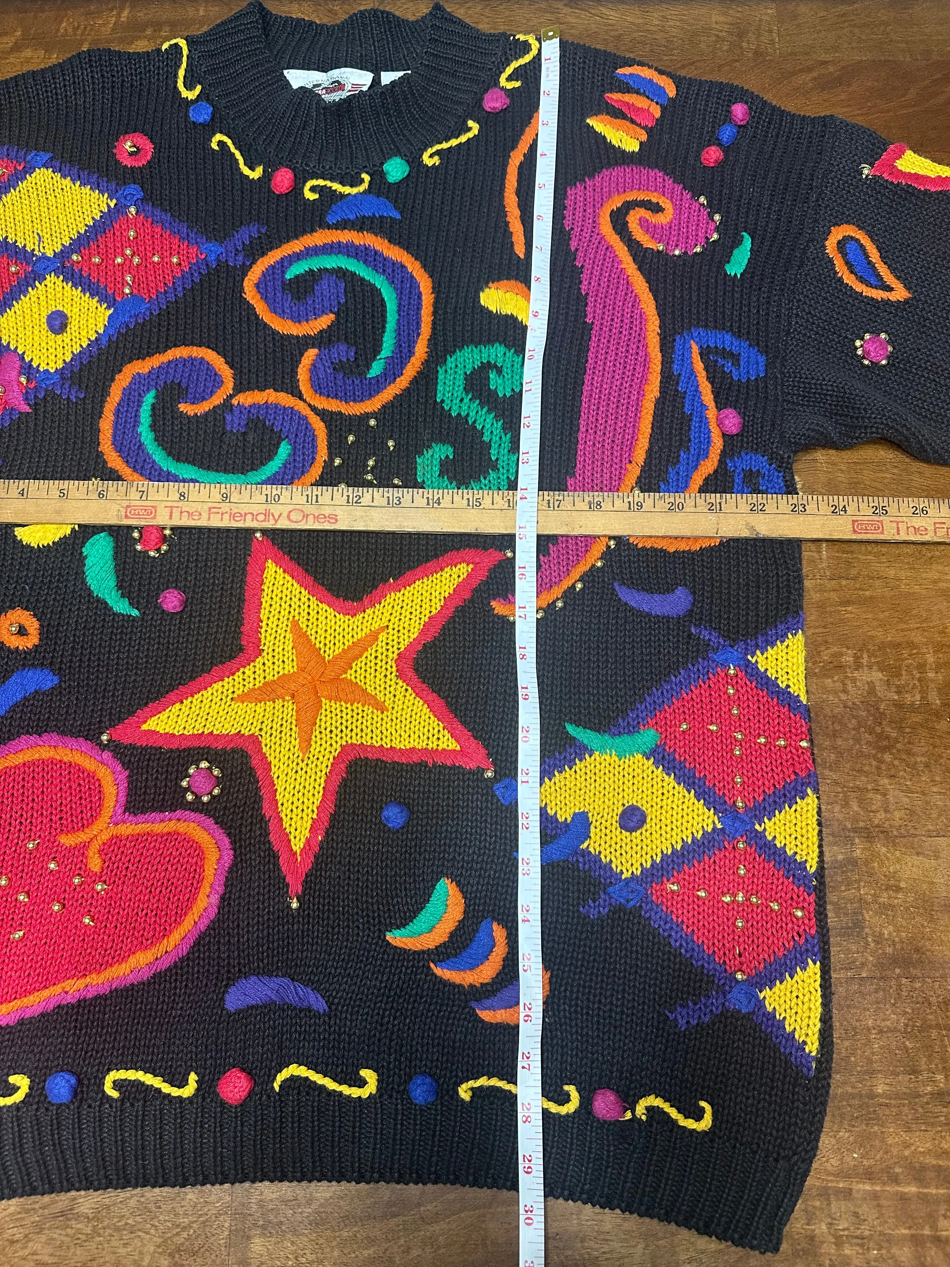 Vintage 80s Rainbow Stars & Hearts 3D Knit Statement Sweater (L, XL )