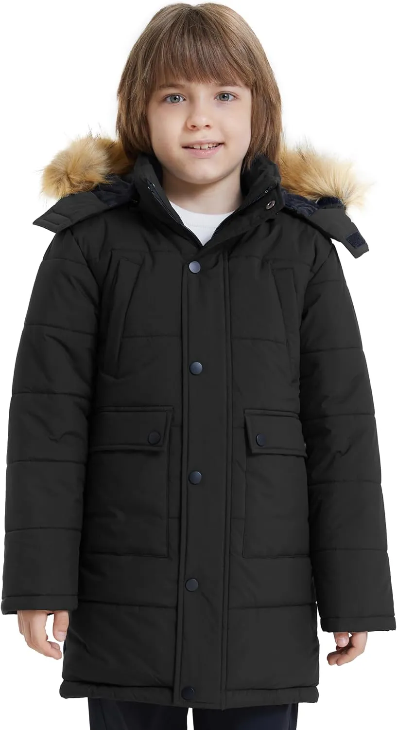 wantdo Boys' Winter Coat Long Puffer Jacket Warm Parka with Removeable Faux Fur Hood