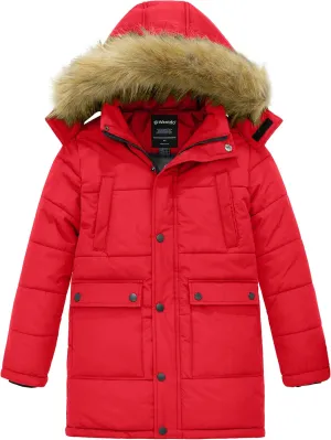 wantdo Boys' Winter Coat Long Puffer Jacket Warm Parka with Removeable Faux Fur Hood