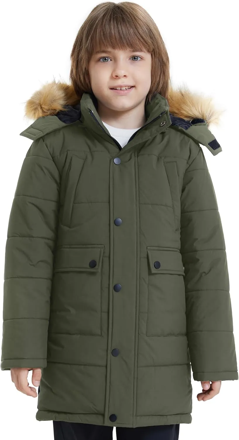 wantdo Boys' Winter Coat Long Puffer Jacket Warm Parka with Removeable Faux Fur Hood