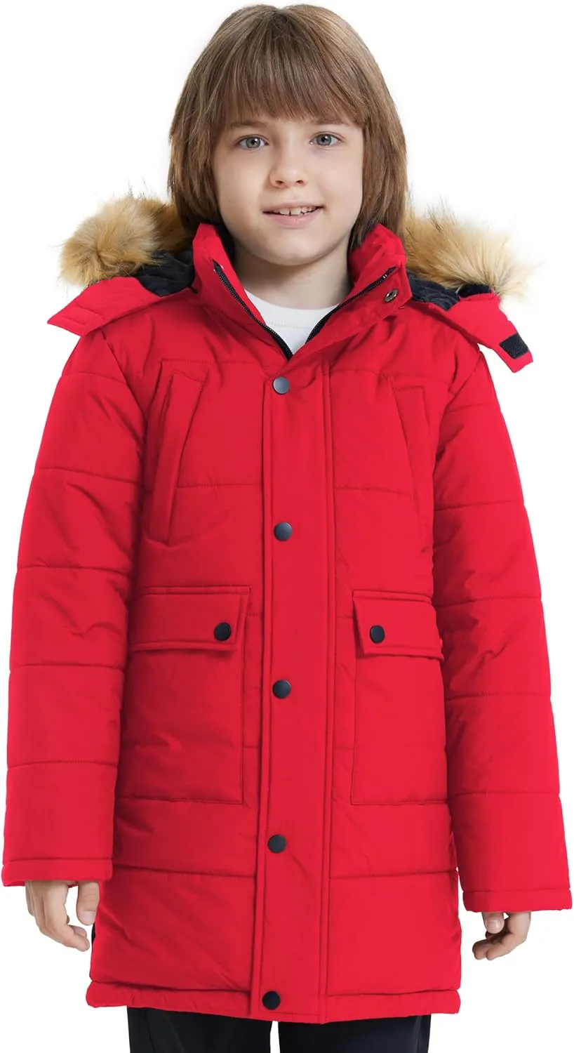 wantdo Boys' Winter Coat Long Puffer Jacket Warm Parka with Removeable Faux Fur Hood