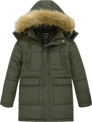 wantdo Boys' Winter Coat Long Puffer Jacket Warm Parka with Removeable Faux Fur Hood