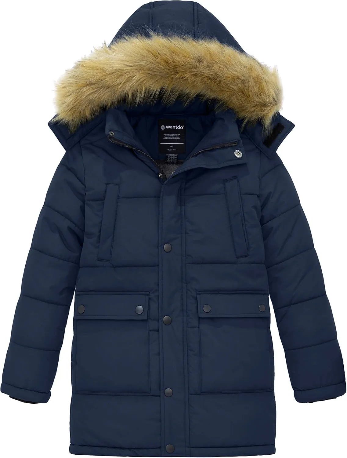 wantdo Boys' Winter Coat Long Puffer Jacket Warm Parka with Removeable Faux Fur Hood