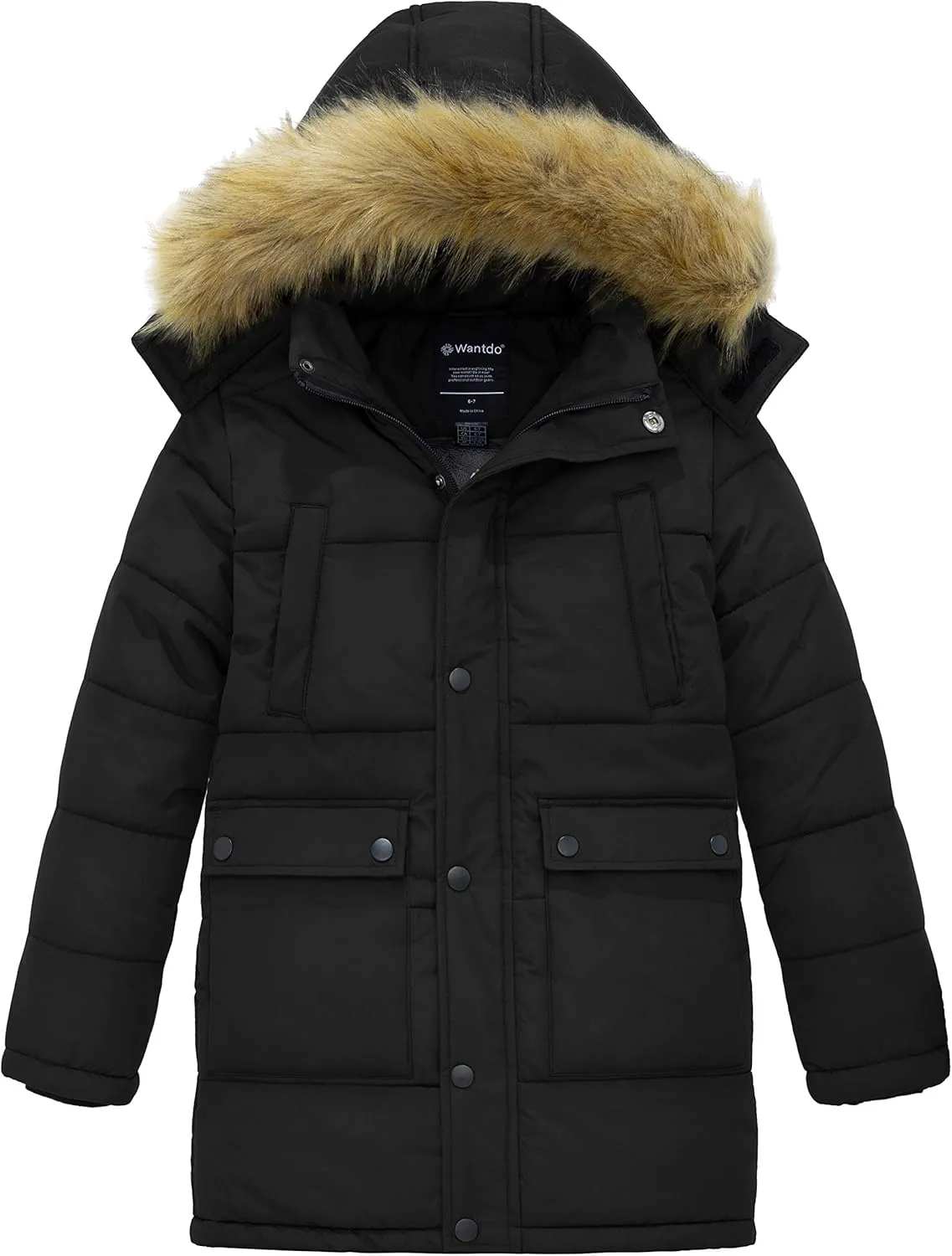 wantdo Boys' Winter Coat Long Puffer Jacket Warm Parka with Removeable Faux Fur Hood