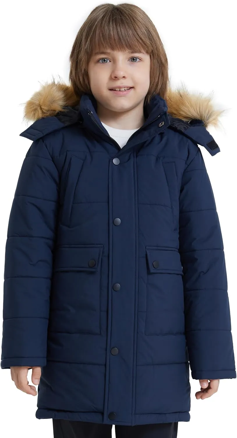 wantdo Boys' Winter Coat Long Puffer Jacket Warm Parka with Removeable Faux Fur Hood