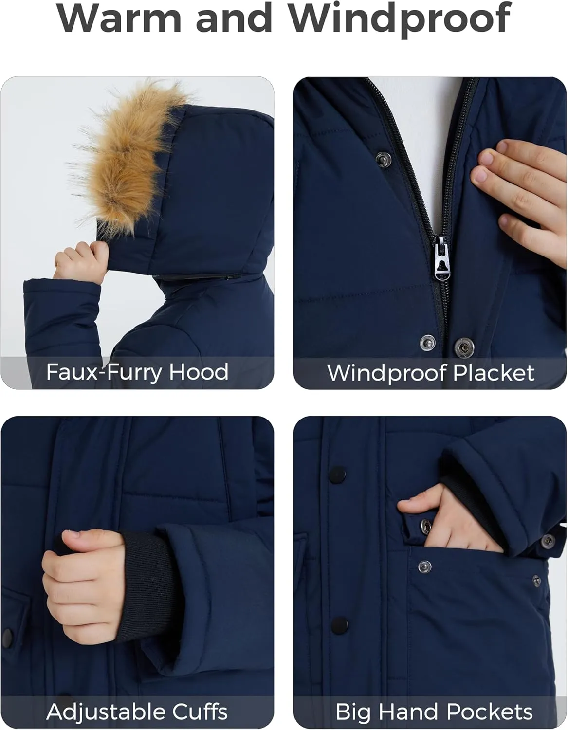 wantdo Boys' Winter Coat Long Puffer Jacket Warm Parka with Removeable Faux Fur Hood