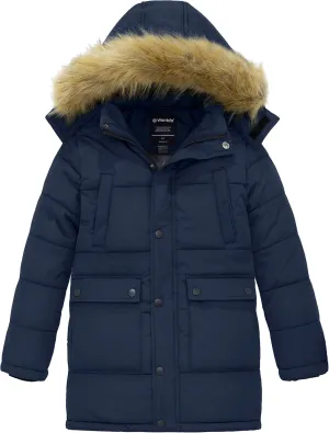 wantdo Boys' Winter Coat Long Puffer Jacket Warm Parka with Removeable Faux Fur Hood