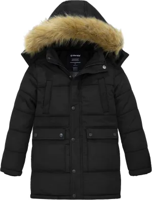 wantdo Boys' Winter Coat Long Puffer Jacket Warm Parka with Removeable Faux Fur Hood