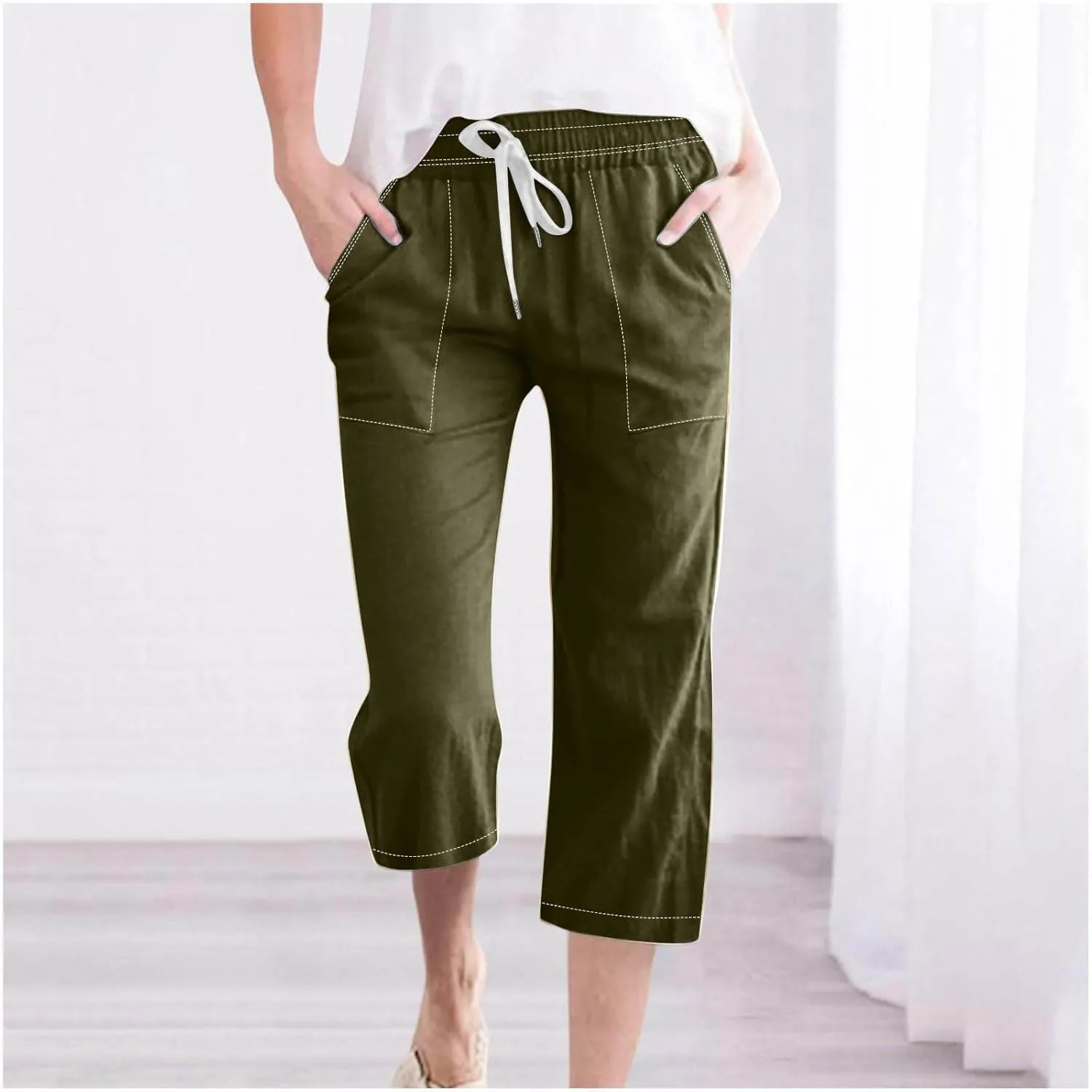 Women Cotton Linen Capri Pants Summer Capris Straight Leg Trousers with Pocket High Waist Casual Dress Pant Solid Color
