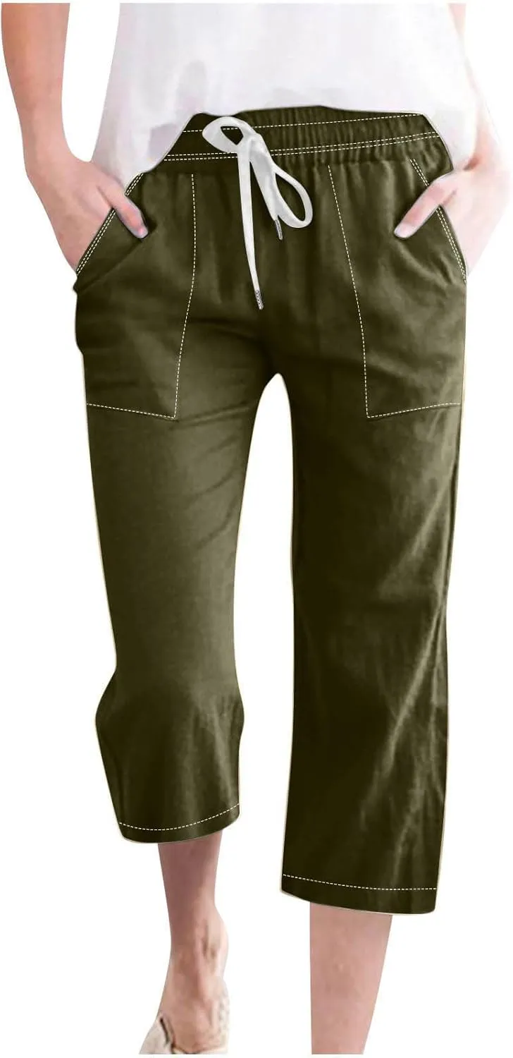 Women Cotton Linen Capri Pants Summer Capris Straight Leg Trousers with Pocket High Waist Casual Dress Pant Solid Color