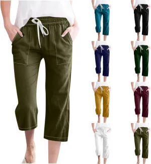 Women Cotton Linen Capri Pants Summer Capris Straight Leg Trousers with Pocket High Waist Casual Dress Pant Solid Color