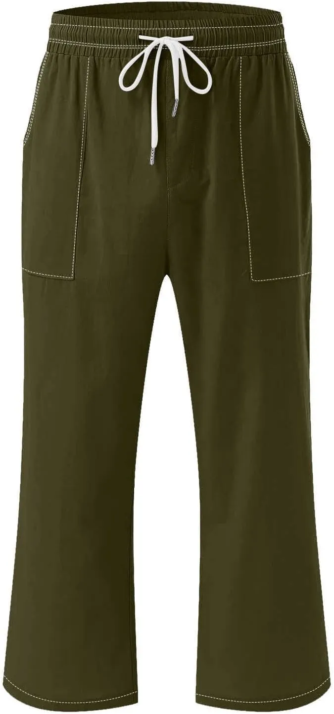 Women Cotton Linen Capri Pants Summer Capris Straight Leg Trousers with Pocket High Waist Casual Dress Pant Solid Color