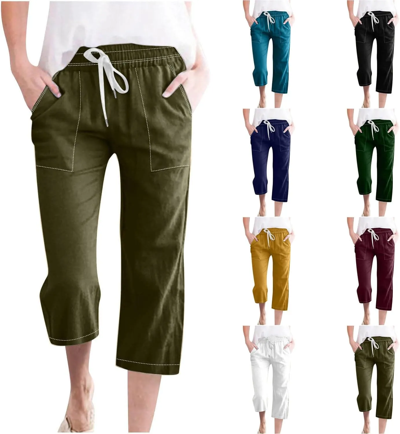 Women Cotton Linen Capri Pants Summer Capris Straight Leg Trousers with Pocket High Waist Casual Dress Pant Solid Color
