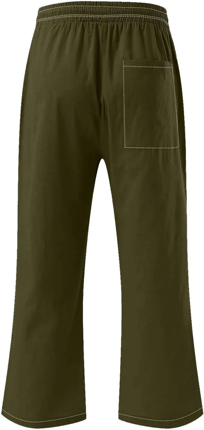 Women Cotton Linen Capri Pants Summer Capris Straight Leg Trousers with Pocket High Waist Casual Dress Pant Solid Color