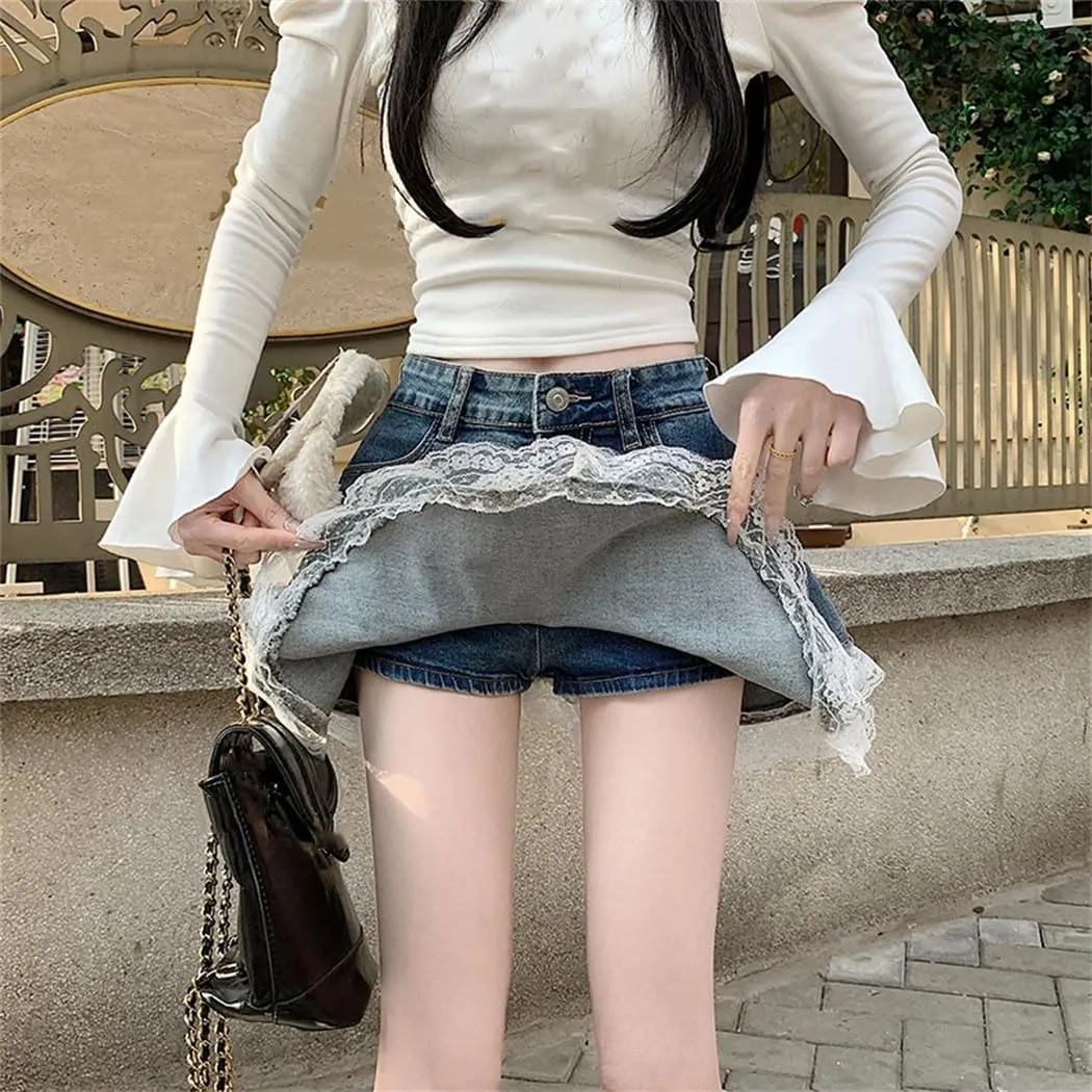 Women Girls Lace Patchwork Denim Mini Skirt High-Waisted Slim A-Line Cake Skirts