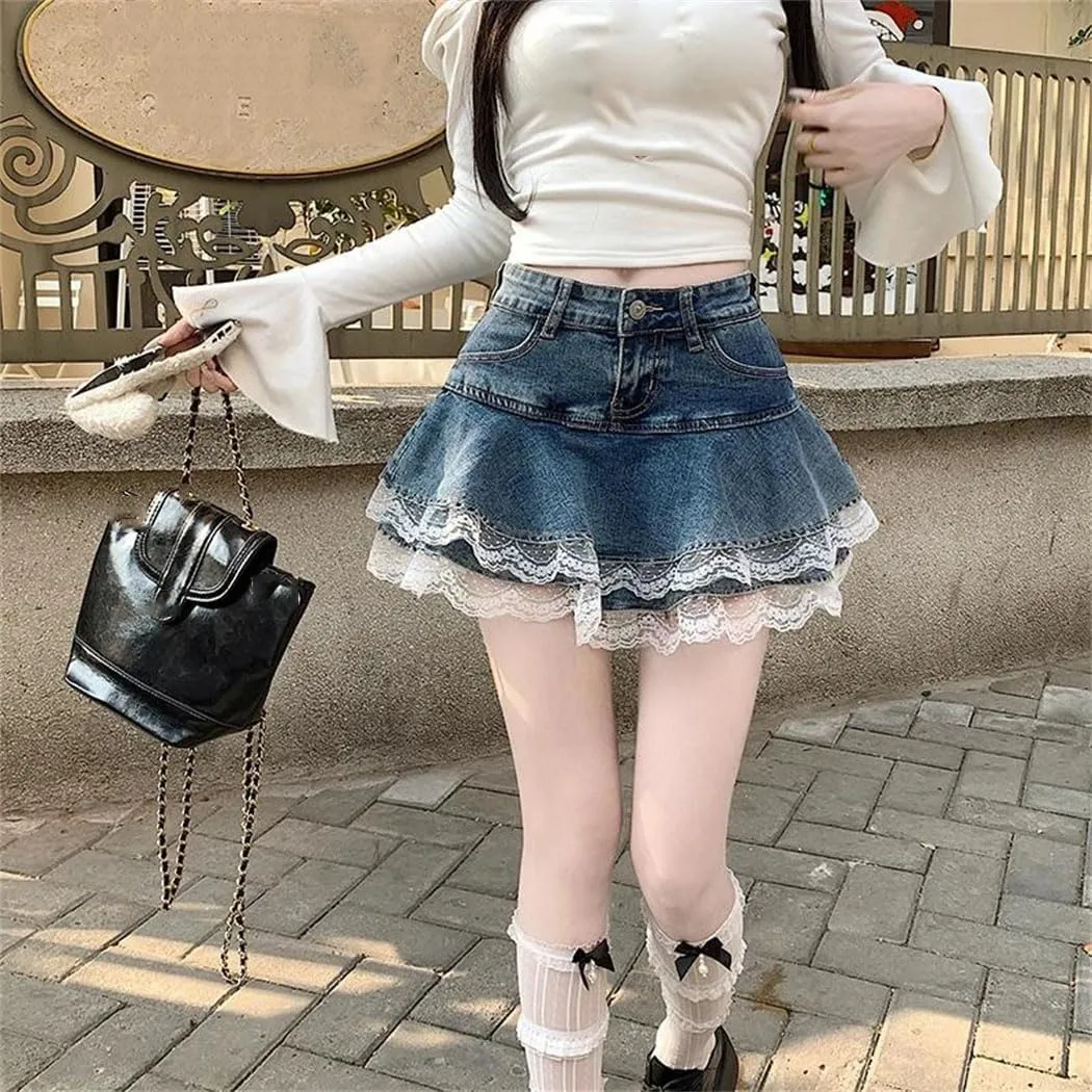 Women Girls Lace Patchwork Denim Mini Skirt High-Waisted Slim A-Line Cake Skirts