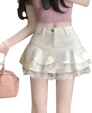 Women Girls Lace Patchwork Denim Mini Skirt High-Waisted Slim A-Line Cake Skirts
