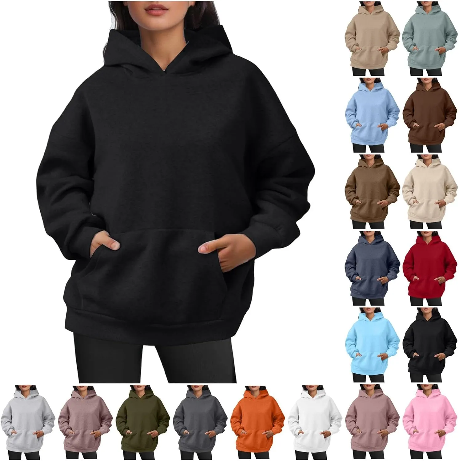 Women Hoodies Sweatshirts Trendy Oversized Hooded Sweater Solid Raglan Sleeve Pockets Pullover Loose Y2K Workout Tops
