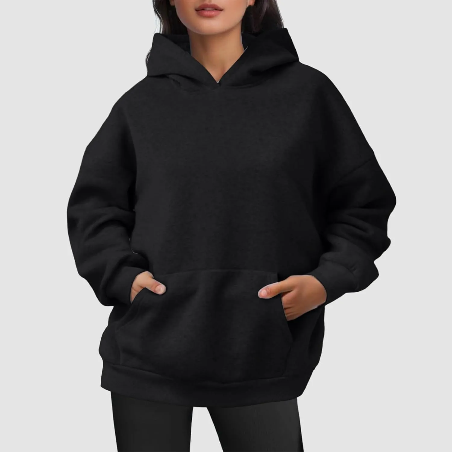 Women Hoodies Sweatshirts Trendy Oversized Hooded Sweater Solid Raglan Sleeve Pockets Pullover Loose Y2K Workout Tops