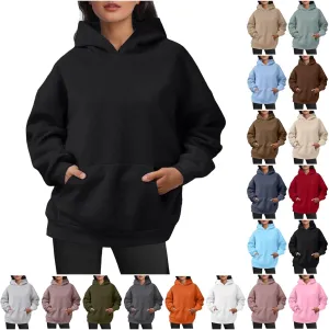 Women Hoodies Sweatshirts Trendy Oversized Hooded Sweater Solid Raglan Sleeve Pockets Pullover Loose Y2K Workout Tops