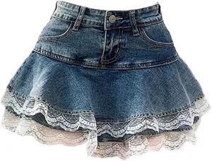 Women Loose Denim Lace Short Skirt Casual High Waisted Mini A-Line Skirts