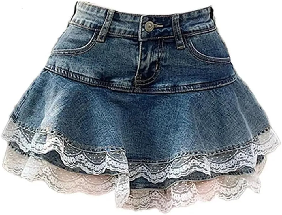 Women Loose Denim Lace Short Skirt Casual High Waisted Mini A-Line Skirts