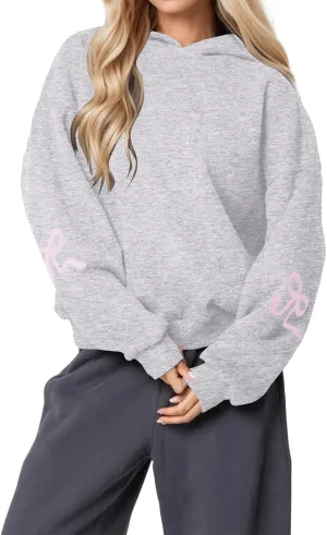 Women Oversized Bow Hoodies Long Sleeve Cute Graphic Hooded Sweatshirts Preppy Aesthetic Pullover Top
