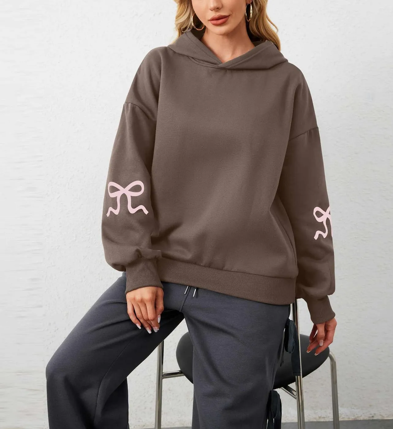 Women Oversized Bow Hoodies Long Sleeve Cute Graphic Hooded Sweatshirts Preppy Aesthetic Pullover Top