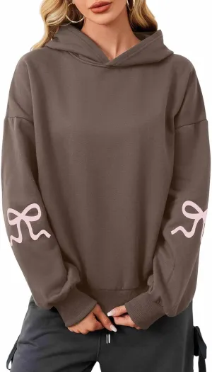 Women Oversized Bow Hoodies Long Sleeve Cute Graphic Hooded Sweatshirts Preppy Aesthetic Pullover Top
