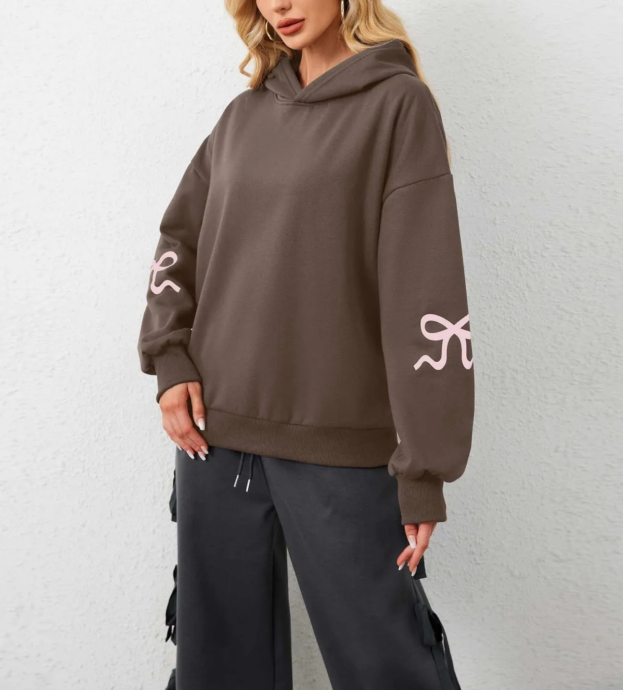Women Oversized Bow Hoodies Long Sleeve Cute Graphic Hooded Sweatshirts Preppy Aesthetic Pullover Top