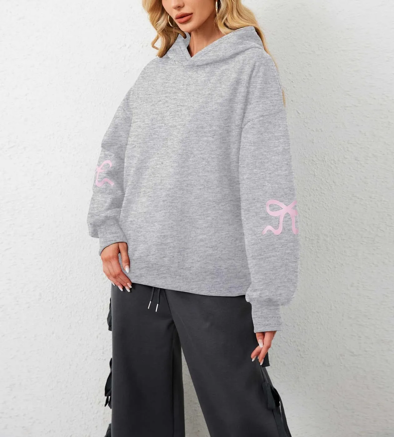 Women Oversized Bow Hoodies Long Sleeve Cute Graphic Hooded Sweatshirts Preppy Aesthetic Pullover Top