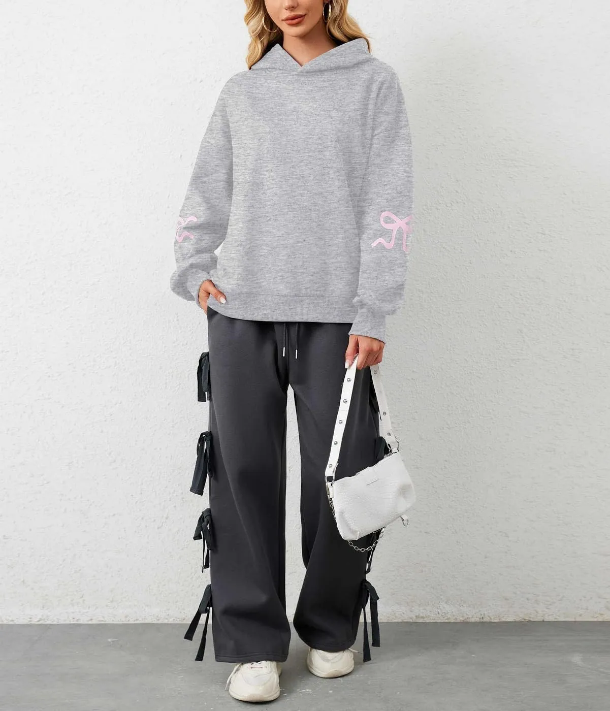 Women Oversized Bow Hoodies Long Sleeve Cute Graphic Hooded Sweatshirts Preppy Aesthetic Pullover Top