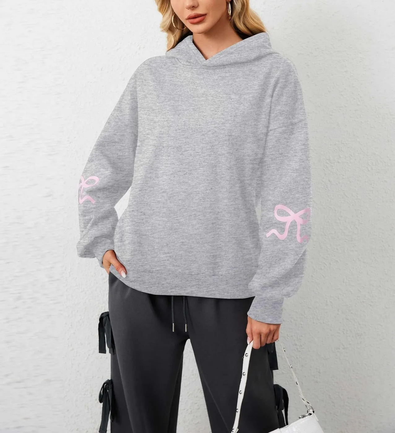 Women Oversized Bow Hoodies Long Sleeve Cute Graphic Hooded Sweatshirts Preppy Aesthetic Pullover Top