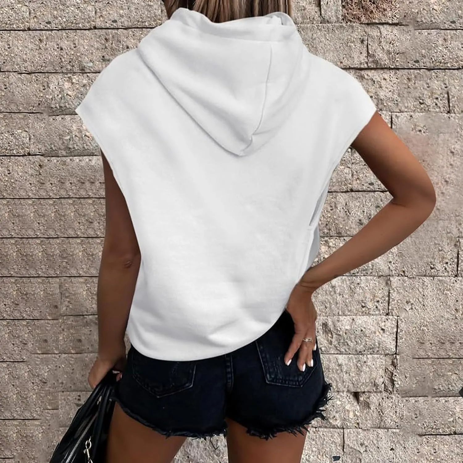Women Oversized Drawstring Hooded Sweatshirt Sleeveless Solid Color Pullover Top Workout Athletic Hoodies with Pocket