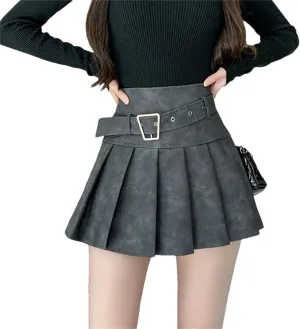 Women Slim Leather Pleated Skirt Casual A-Line High Waisted Mini Skirts