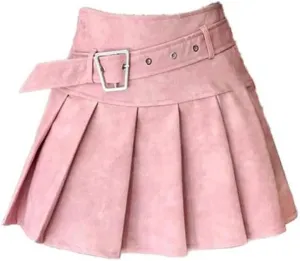 Women Slim Leather Pleated Skirt Casual A-Line High Waisted Mini Skirts