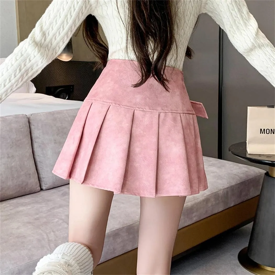 Women Slim Leather Pleated Skirt Casual A-Line High Waisted Mini Skirts