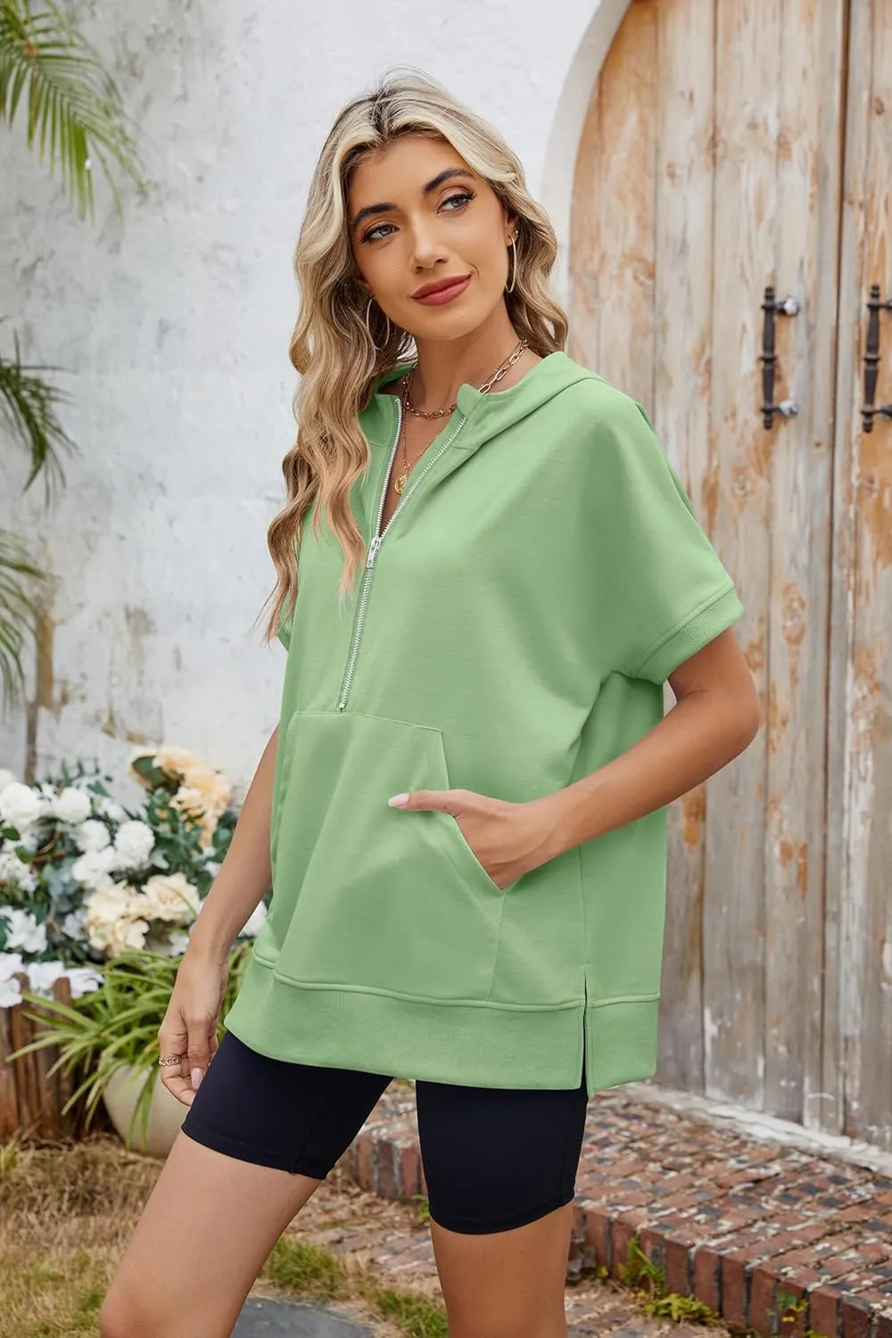 Women Summer Hoodies Shirt Short Sleeve Half Zip Loose Fit Oversized Plus Size Tunic Top Spring Fall